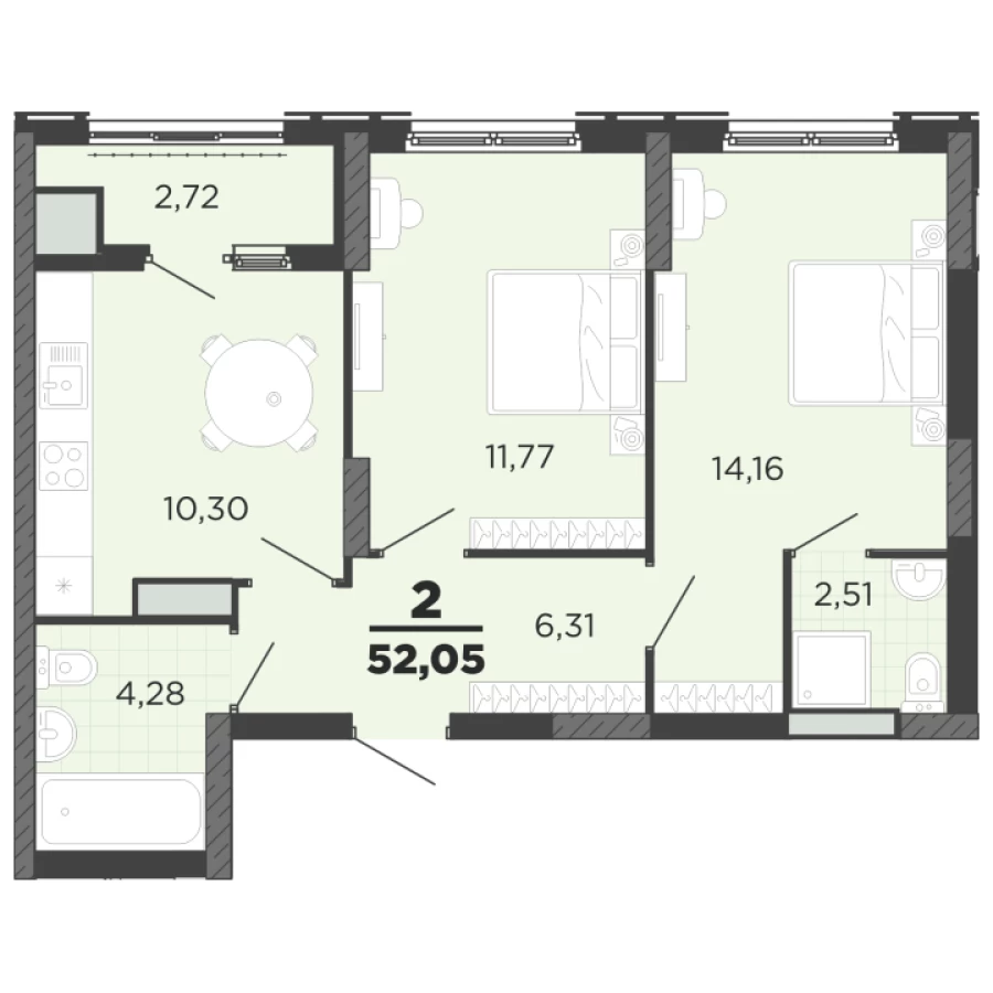 2-ая квартира площадью 52.05 м2 с улучшенной планировкой